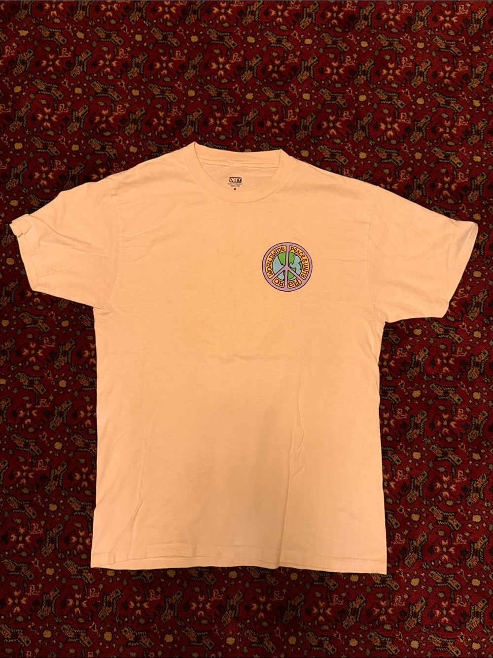 Obey Peach Short-Sleeve T-Shirt with Colorful Peace Graphic